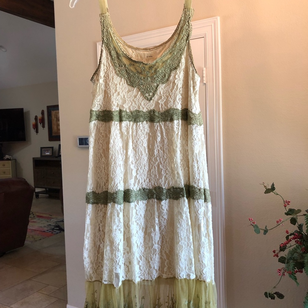 Cream Lace Dress with Green Lace Accents
